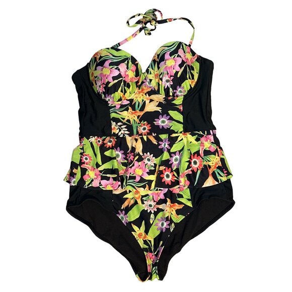 Bongo Swimsuit One Piece Tropical Neon Retro Underwire Boning Ruffle Waist Large - Picture 1 of 6